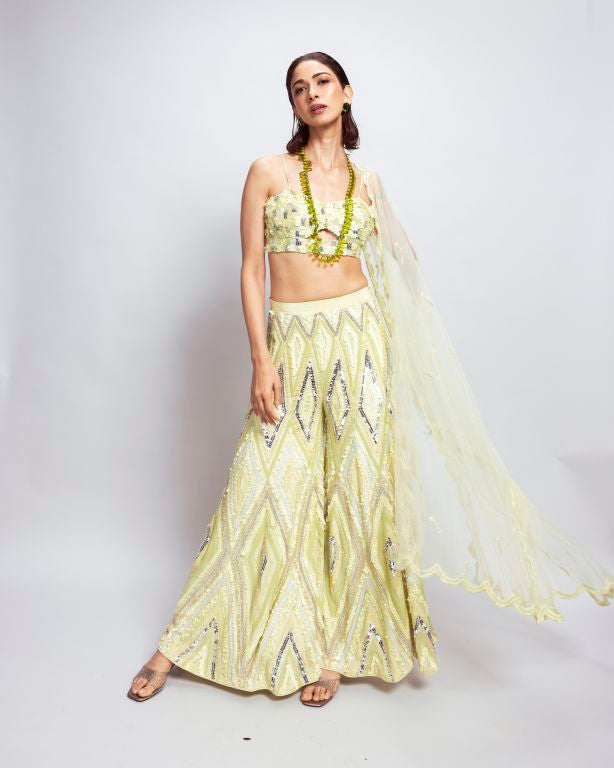 Keyhole Embroidered Blouse with Flared Pants and Embroidered Dupatta