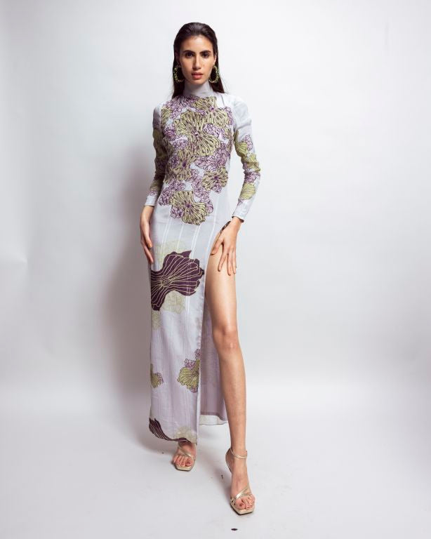 Printed Body Fitted Dress with Embroidery & Side Slit