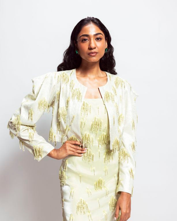 Hand Embroidered Tassel Crop Jacket with Slip Dress