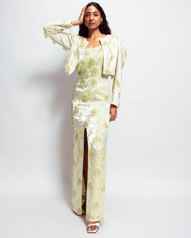 Hand Embroidered Tassel Crop Jacket with Slip Dress