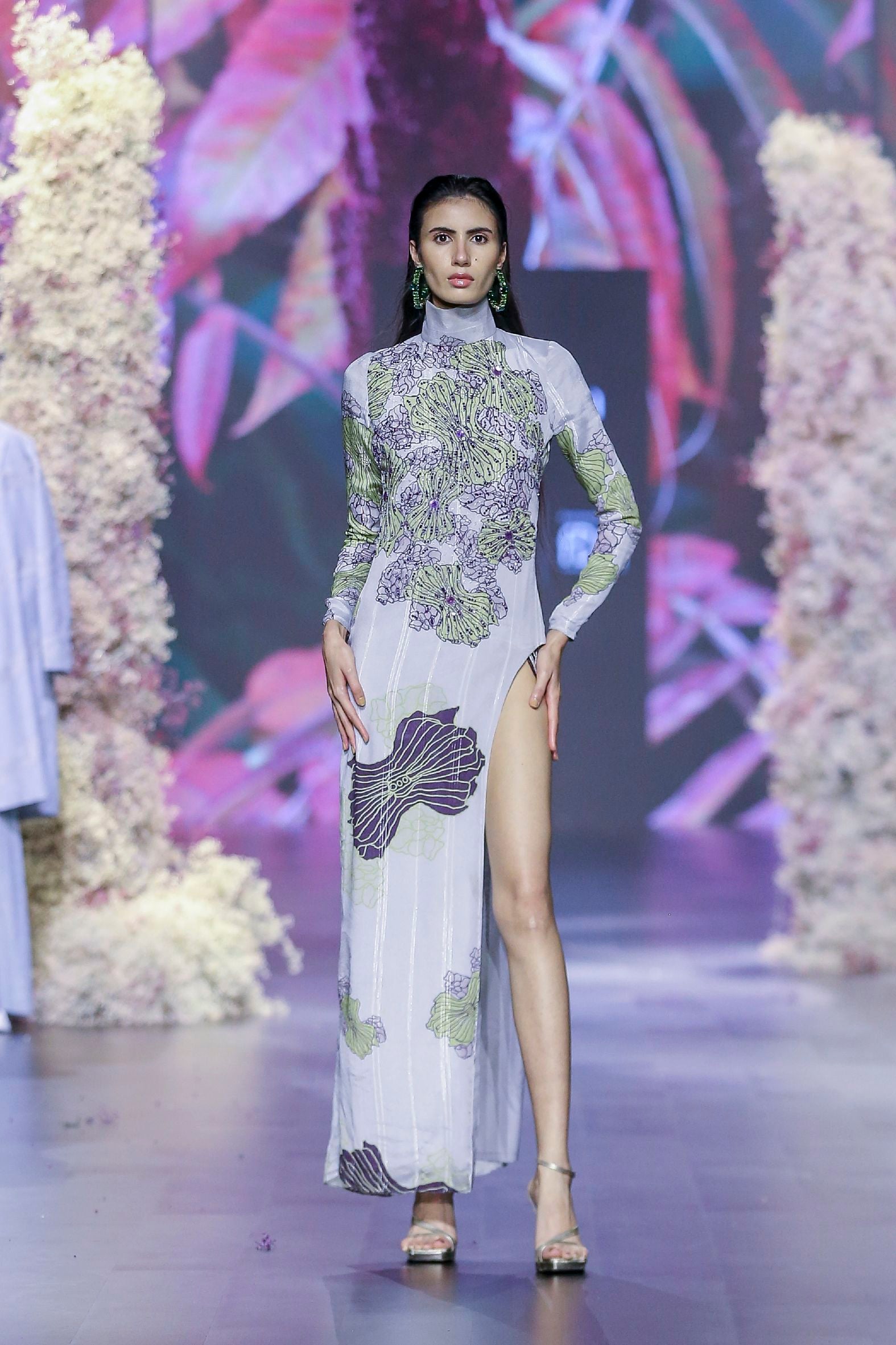 Printed Body Fitted Dress with Embroidery & Side Slit