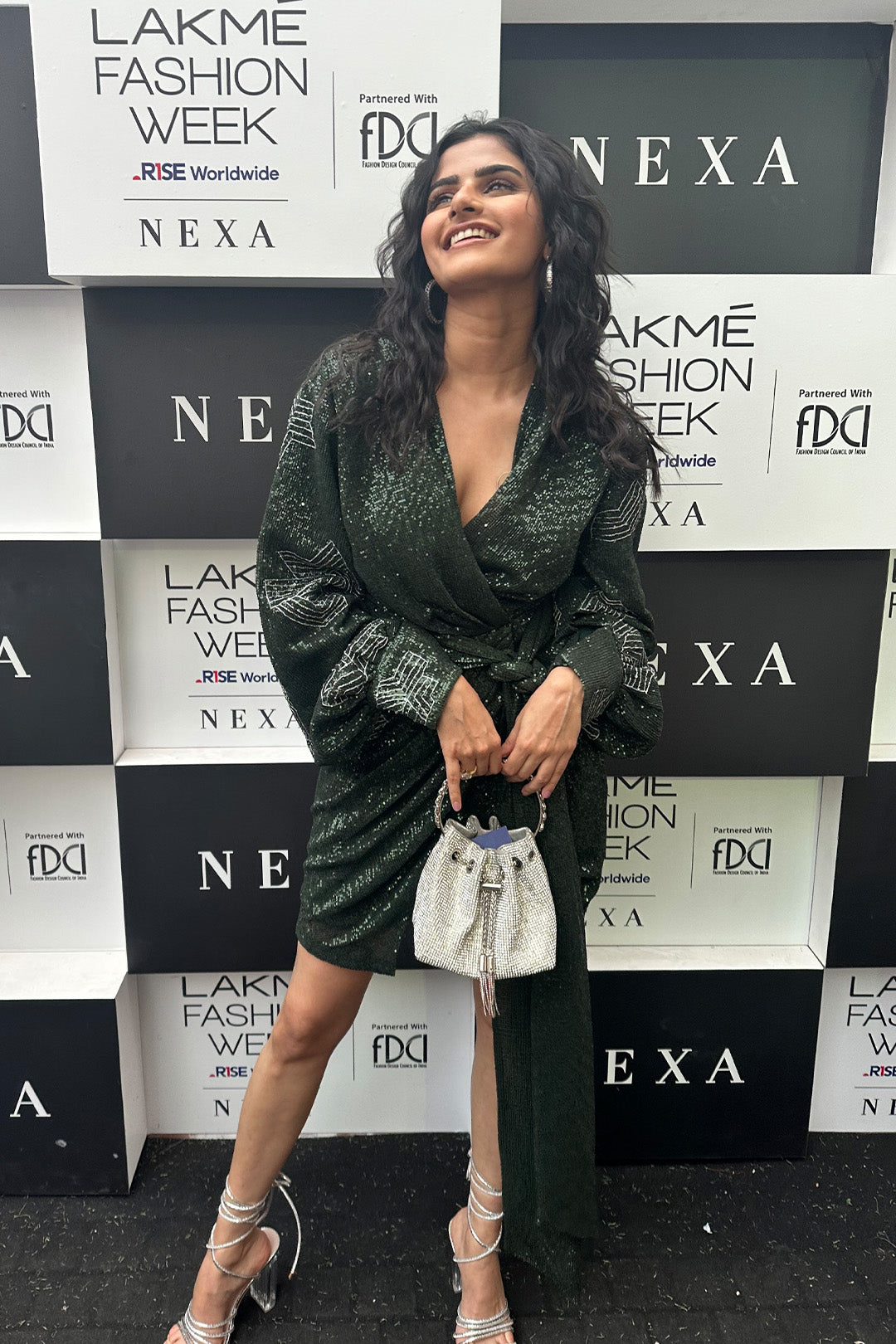 Avantika Dassani in our Emerald Sequin Mini Dress With Puffed & Hand Embroidred Sleeves and Emerald Shimmer Belt from Matrix Collection