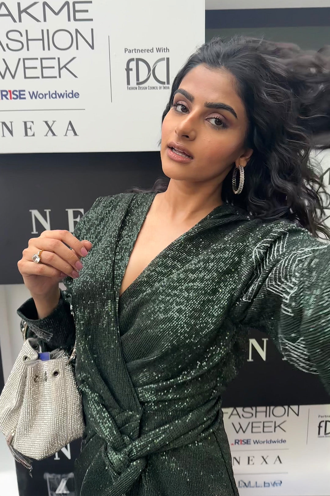 Avantika Dassani in our Emerald Sequin Mini Dress With Puffed & Hand Embroidred Sleeves and Emerald Shimmer Belt from Matrix Collection