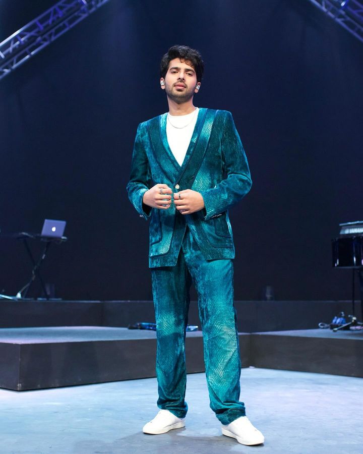 Armaan Malik in our Jade Blue Blotched Print Velvet Blazer Set from Matrix