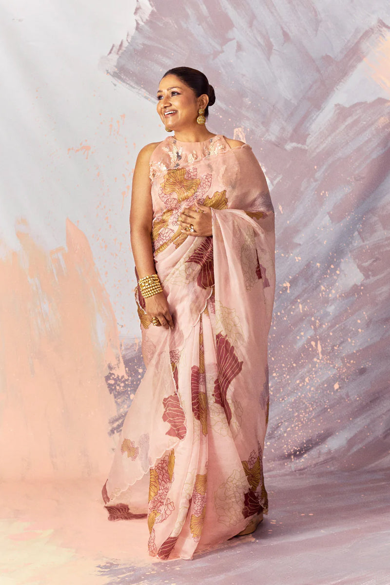 Dolly Jain in our Peach Fuzz Printed Organza Saree Set