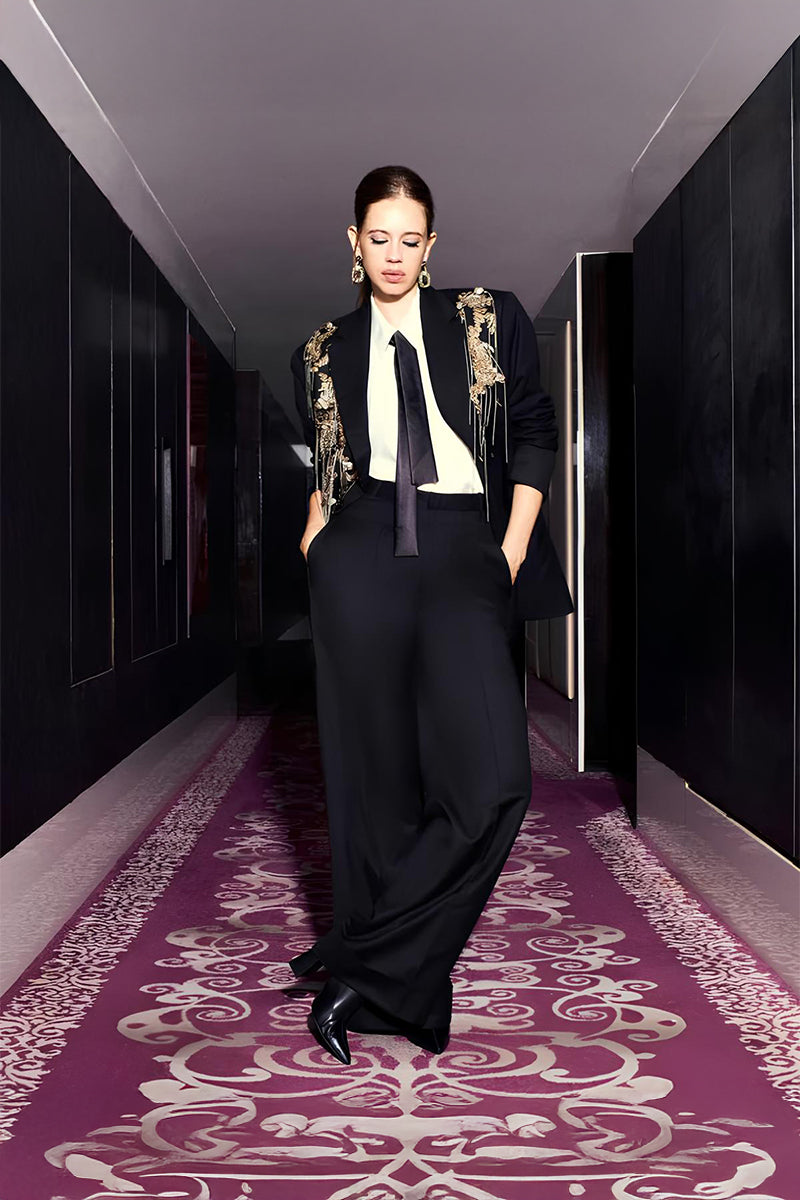Kalki in our Carbon Hand Embriodered Blazer paired with Carbon Flared Pants