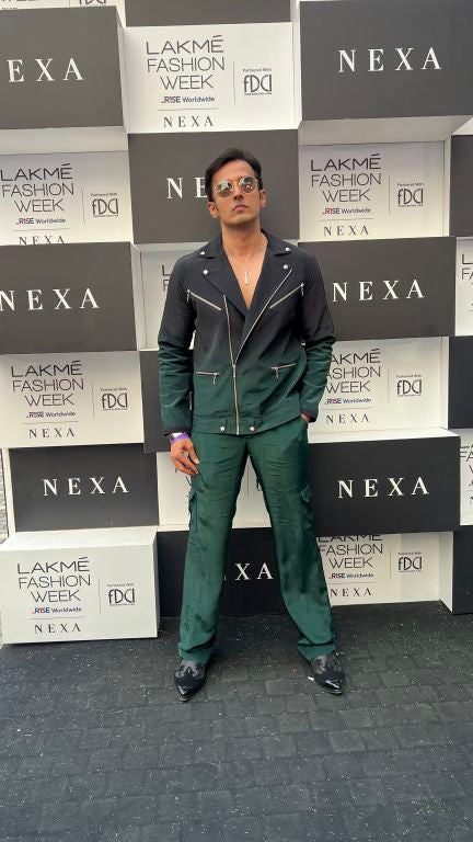 Vivek Dhadah in our Emerald Ombre Biker Jacket with Zipper Detailing paried with Emerald Baggy Pants with Pocket detailing from Matrix Collection