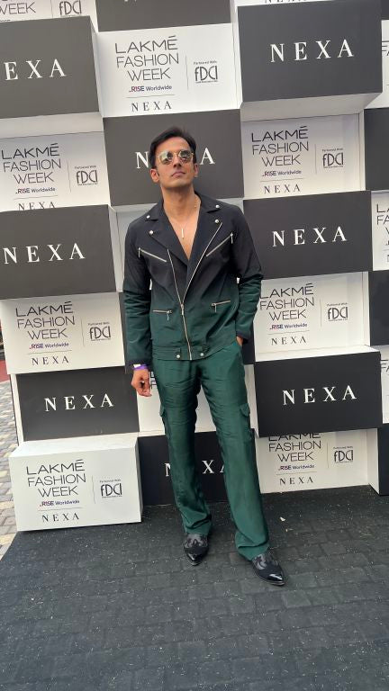 Vivek Dhadah in our Emerald Ombre Biker Jacket with Zipper Detailing paried with Emerald Baggy Pants with Pocket detailing from Matrix Collection