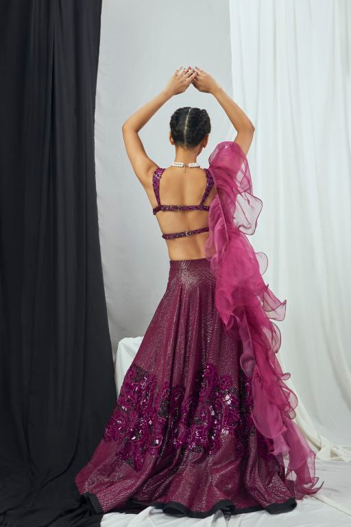 Backless Blouse Embellished Lehenga Set with Ruffle Dupatta - Sale