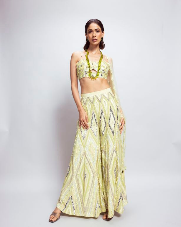 Keyhole Embroidered Blouse with Flared Pants and Embroidered Dupatta