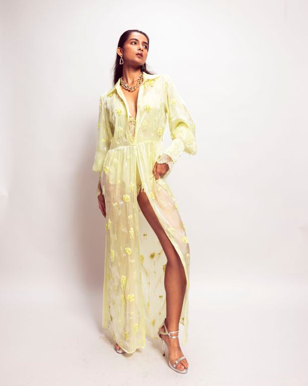 Hand Embroidered Maxi Dress paired with Bodysuit and Bralette