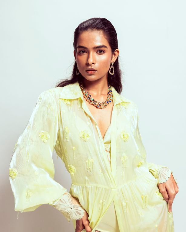 Hand Embroidered Maxi Dress paired with Bodysuit and Bralette