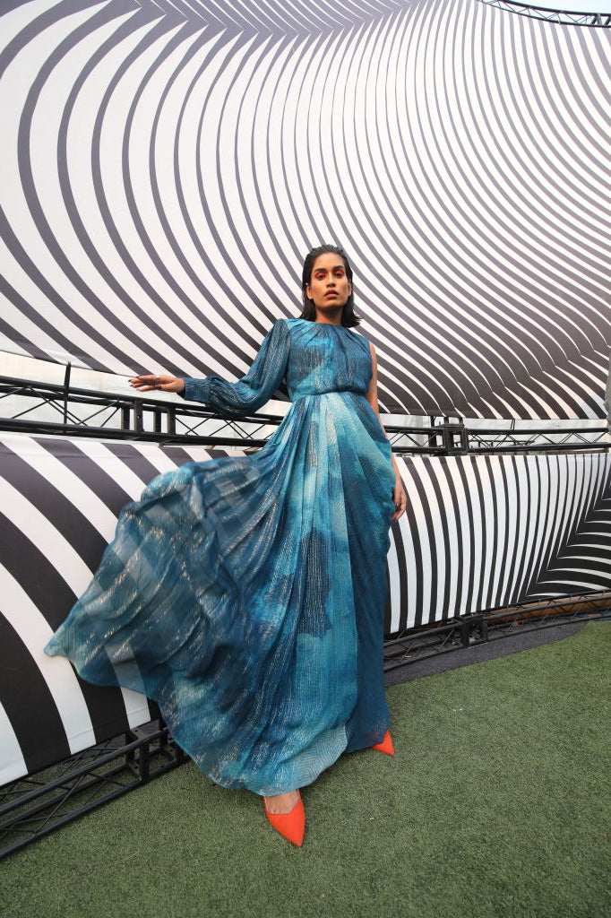 Pryanca Talukda in our Jade Blue Blotched Printed Drape Gown With One Shoulder from Matrix Collection