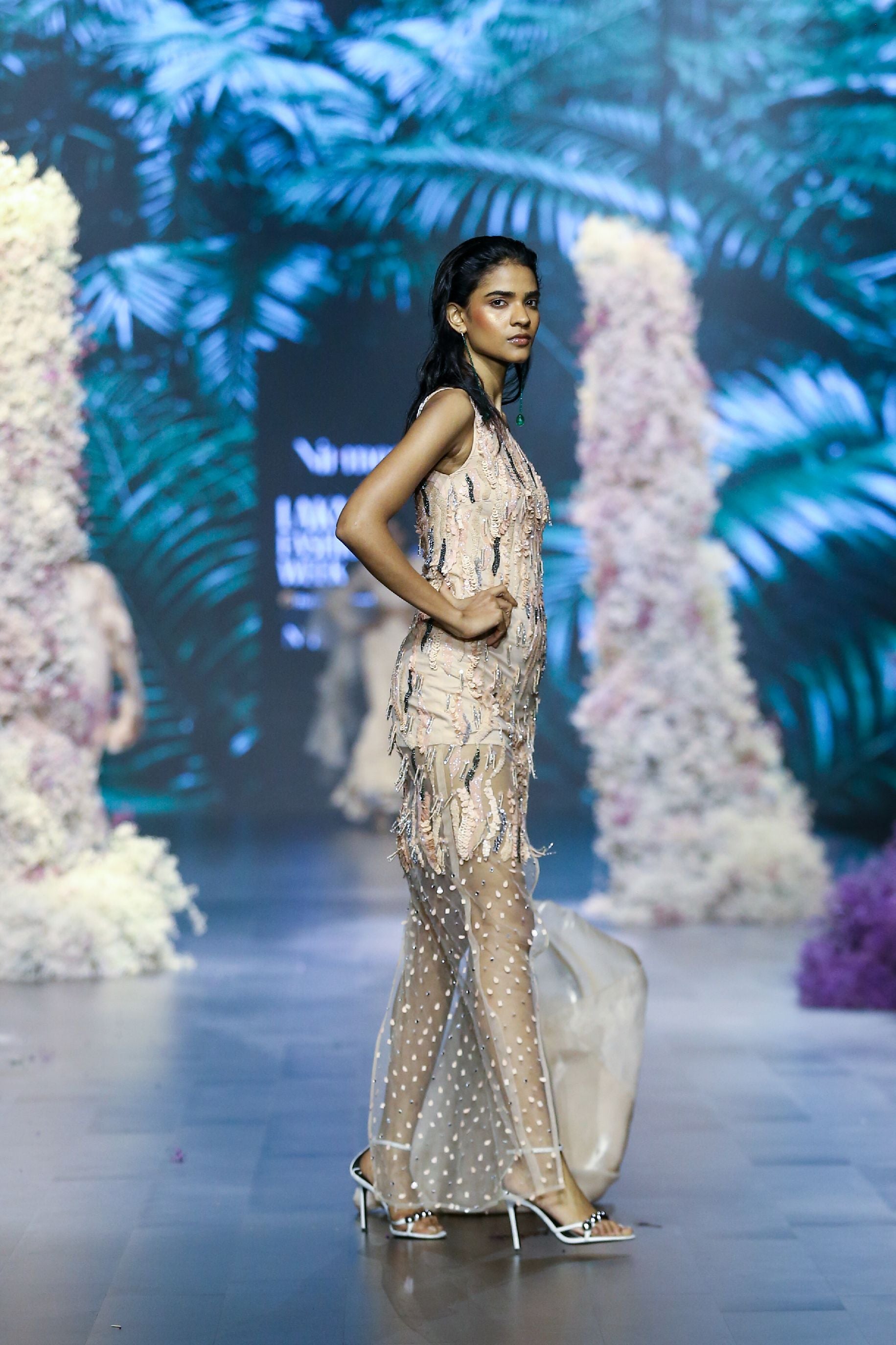 Peach Fuzz Hand Embroidered Asymmetrical Dress with Trail
