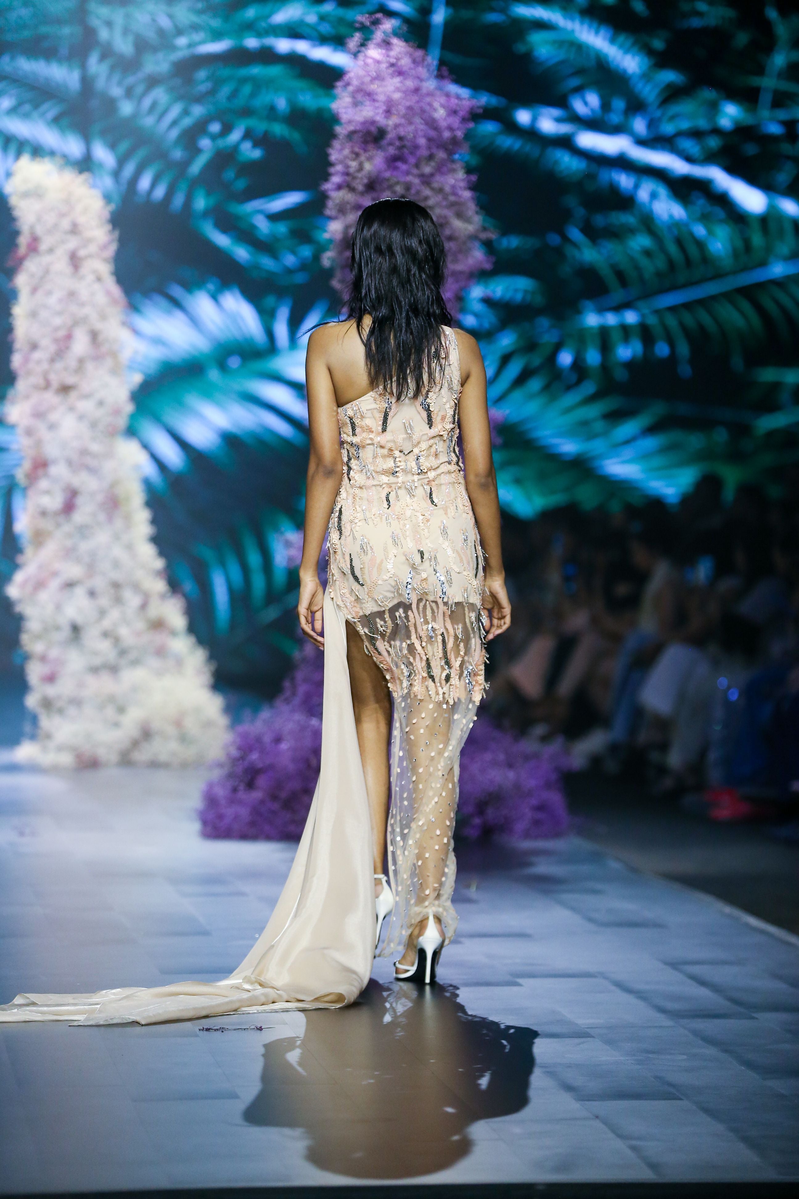 Peach Fuzz Hand Embroidered Asymmetrical Dress with Trail