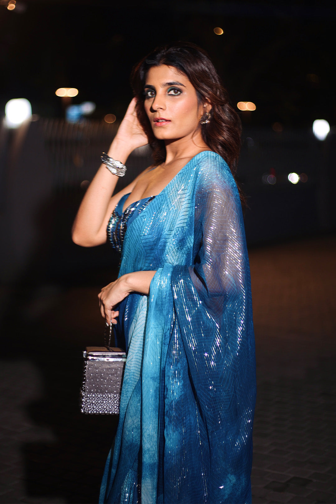 Kirshna Talsara in our Pre Draped Jade Blue Blotch Printed Ruffle Saree with Hand Embroidered Blouse from Matrix Ethnic Collection
