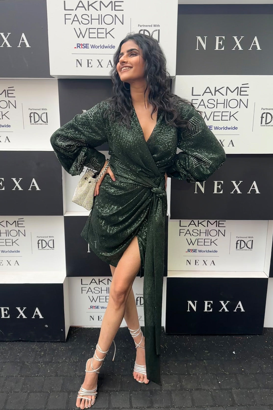 Avantika Dassani in our Emerald Sequin Mini Dress With Puffed & Hand Embroidred Sleeves and Emerald Shimmer Belt  from Matrix Collection