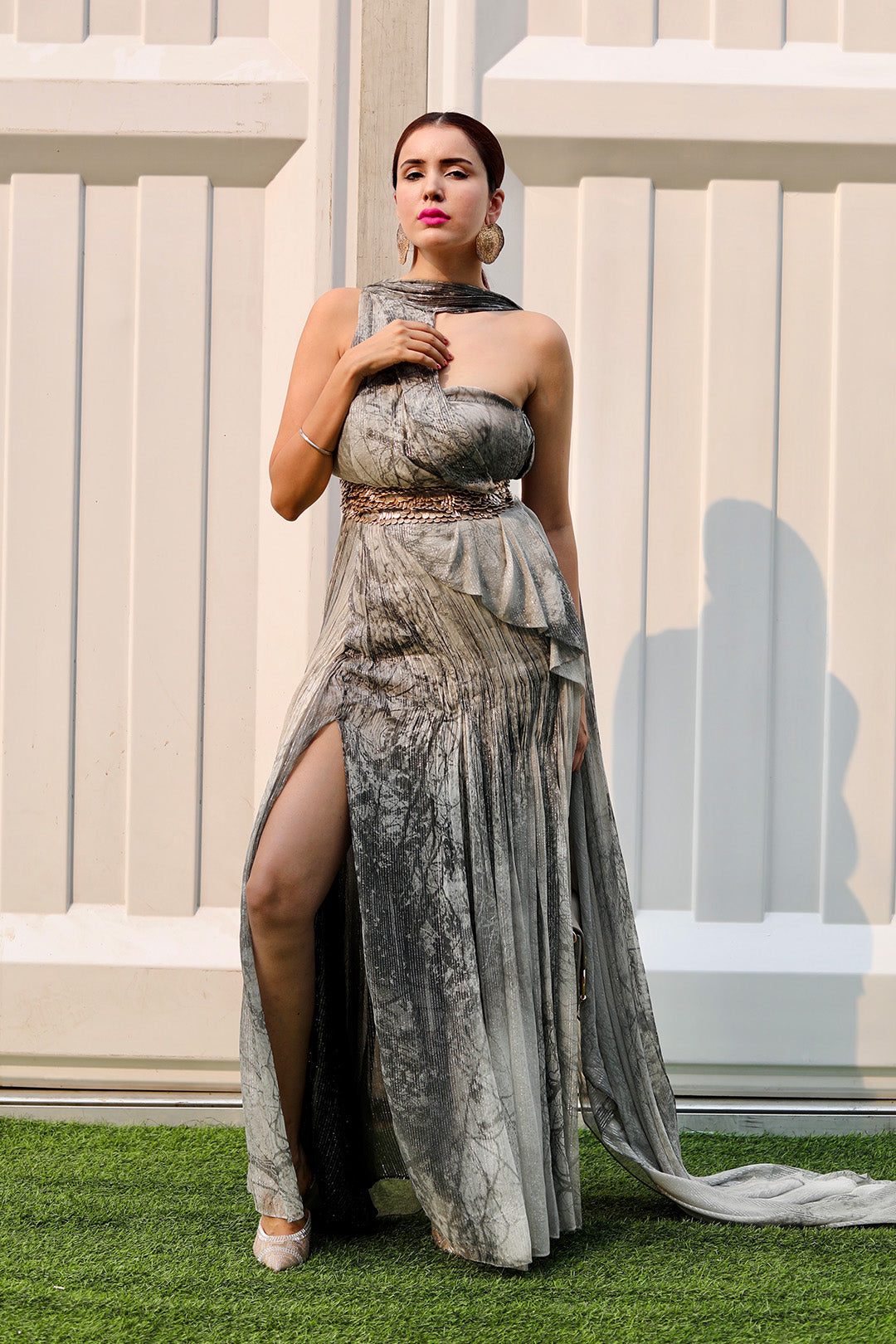 Jasleen Sabrawal in our  Forest Printed One Shoulder Dress with Hand Embroidered Waist Band and Tail  from Matric Collection