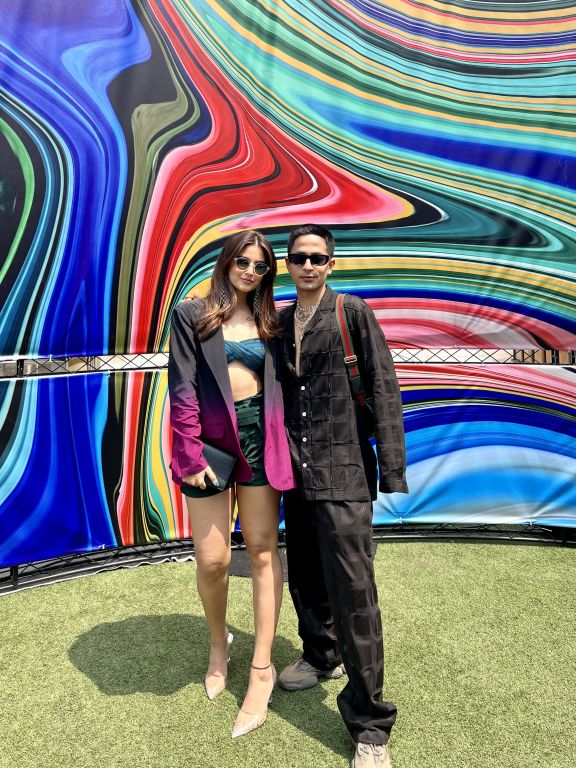 Anshika Verma in our Ruby Ombre Blazer, Jade Blue and Emerald Dual Colour Pleated Brallette and Emerald Paper Bag Waist Shorts with Belt from Matrix Collection
