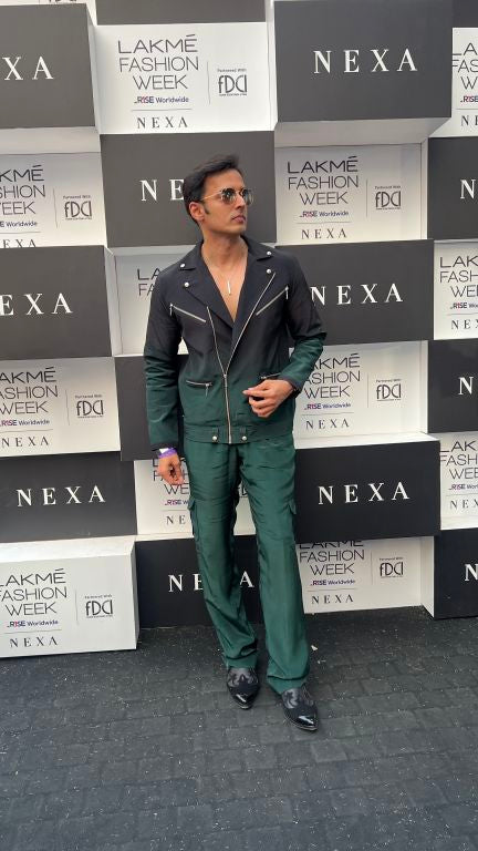 Vivek Dhadah in our Emerald Ombre Biker Jacket with Zipper Detailing paried with  Emerald Baggy Pants with Pocket detailing from Matrix Collection