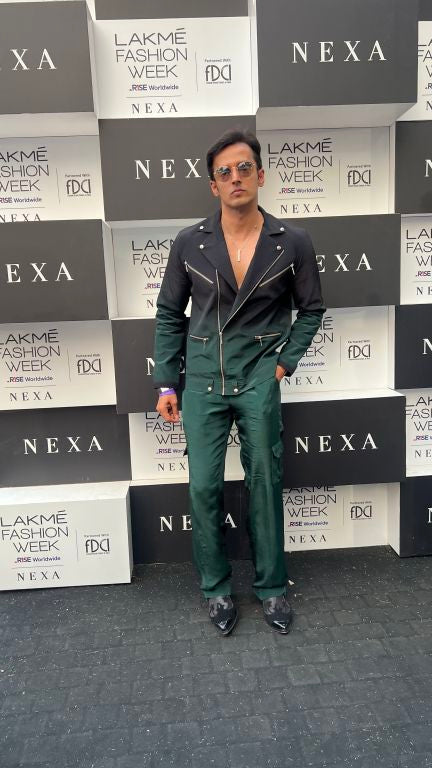 Vivek Dhadah in our Emerald Ombre Biker Jacket with Zipper Detailing paried with  Emerald Baggy Pants with Pocket detailing from Matrix Collection