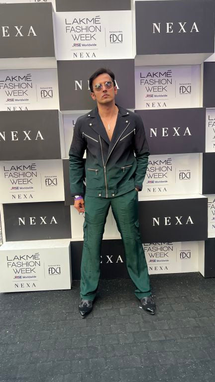 Vivek Dhadah in our Emerald Ombre Biker Jacket with Zipper Detailing paried with  Emerald Baggy Pants with Pocket detailing from Matrix Collection
