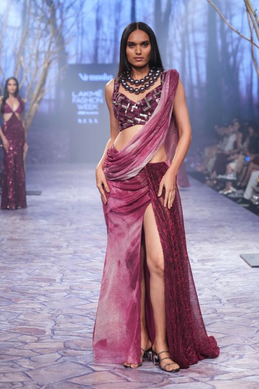 Pre Draped Saree with Embroidered Blouse Set