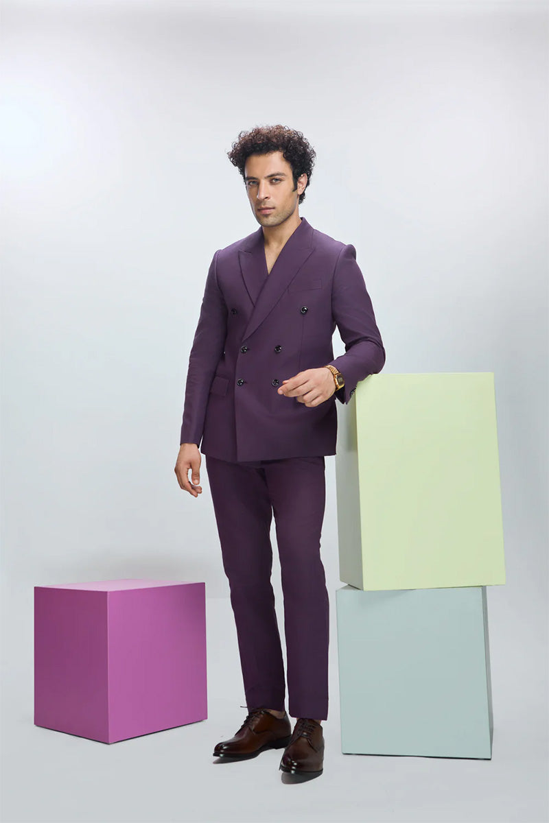 Arjun Tanwar in our Deep Plum Double Breasted Blazer set from Ekatra
