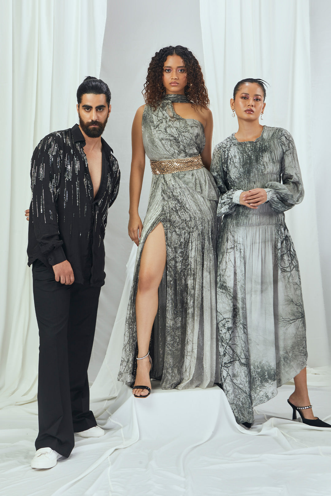 Embellished Printed Draped Gown