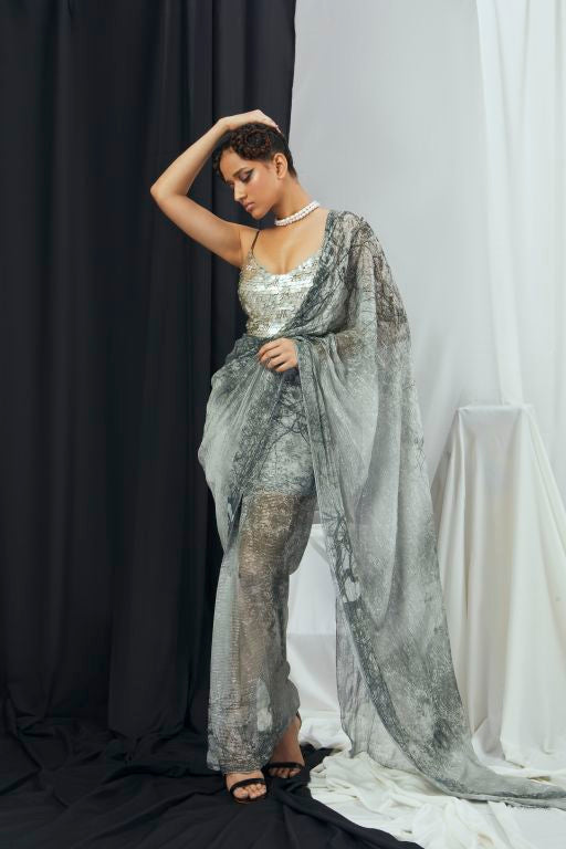 Pre Draped Printed Saree Set - Sale