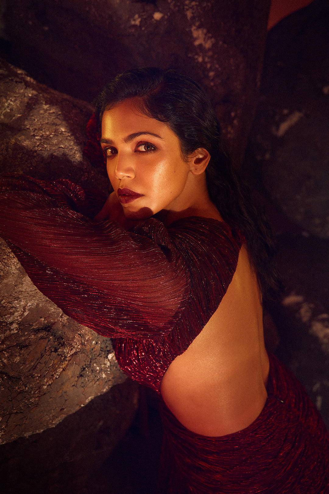 Shriya Pilgaonkar in our Draped Gown with Deep V-Neck and Open Back from Matrix Collection