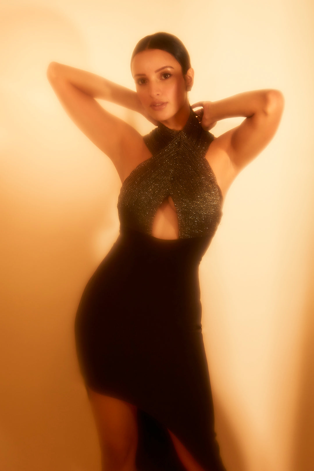 Tripti Dimri in our Brown Asymetrical Micro Dress with Cording Halter Neck from Ancienne Collection
