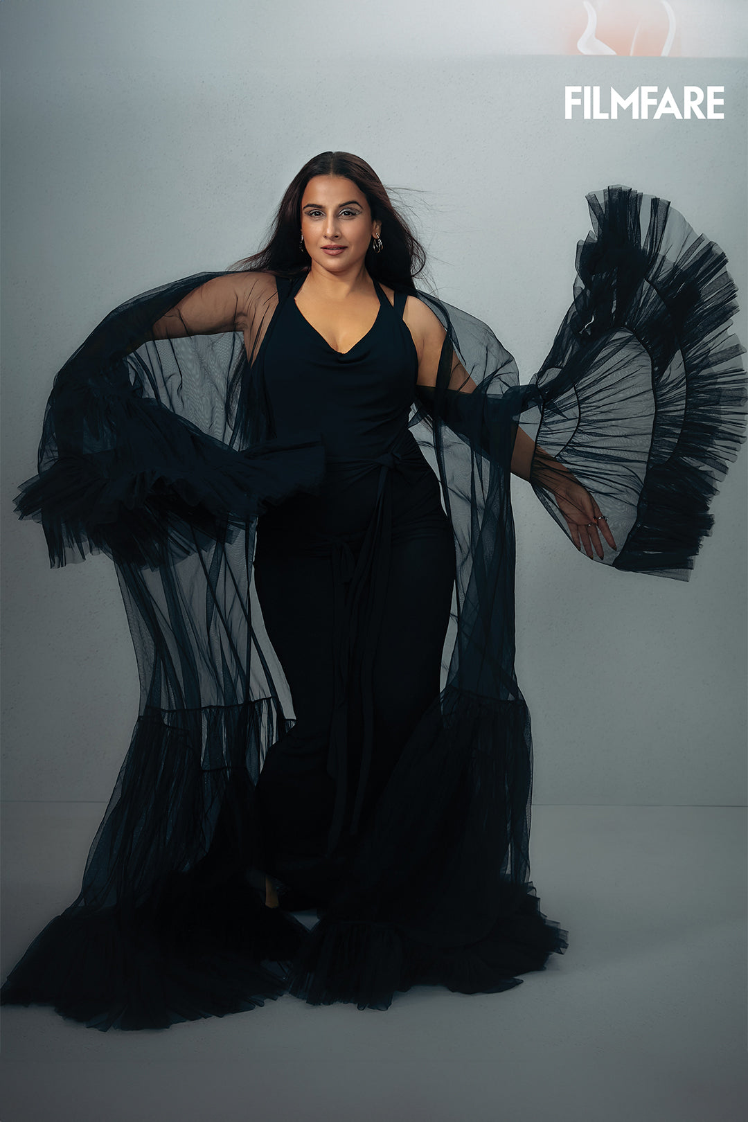 Vidya Balan in Bespoke Carbon Net Ruffle Cape