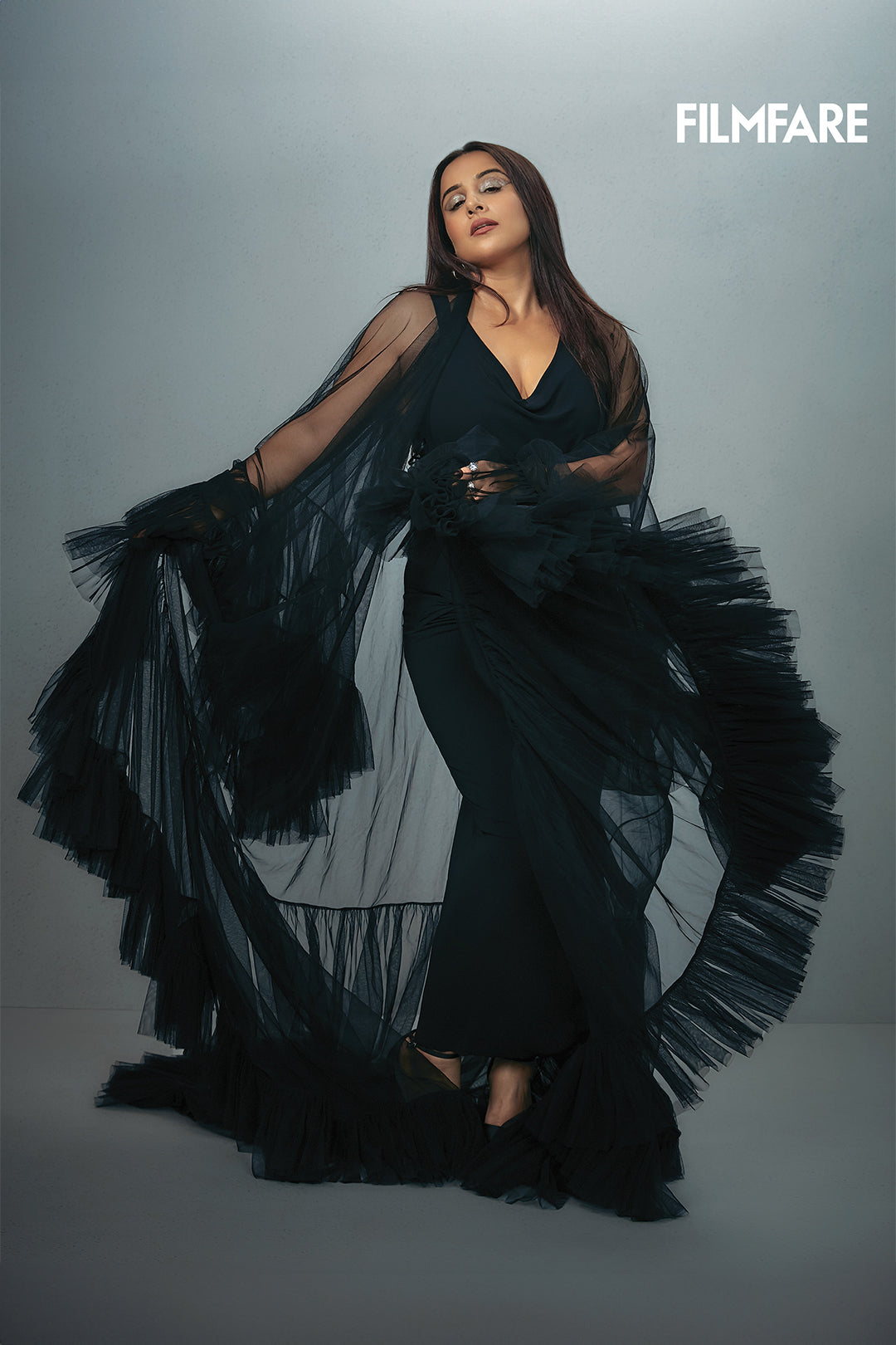 Vidya Balan in Bespoke Carbon Net Ruffle Cape