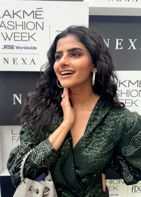 Avantika Dassani in our Emerald Sequin Mini Dress With Puffed & Hand Embroidred Sleeves and Emerald Shimmer Belt  from Matrix Collection